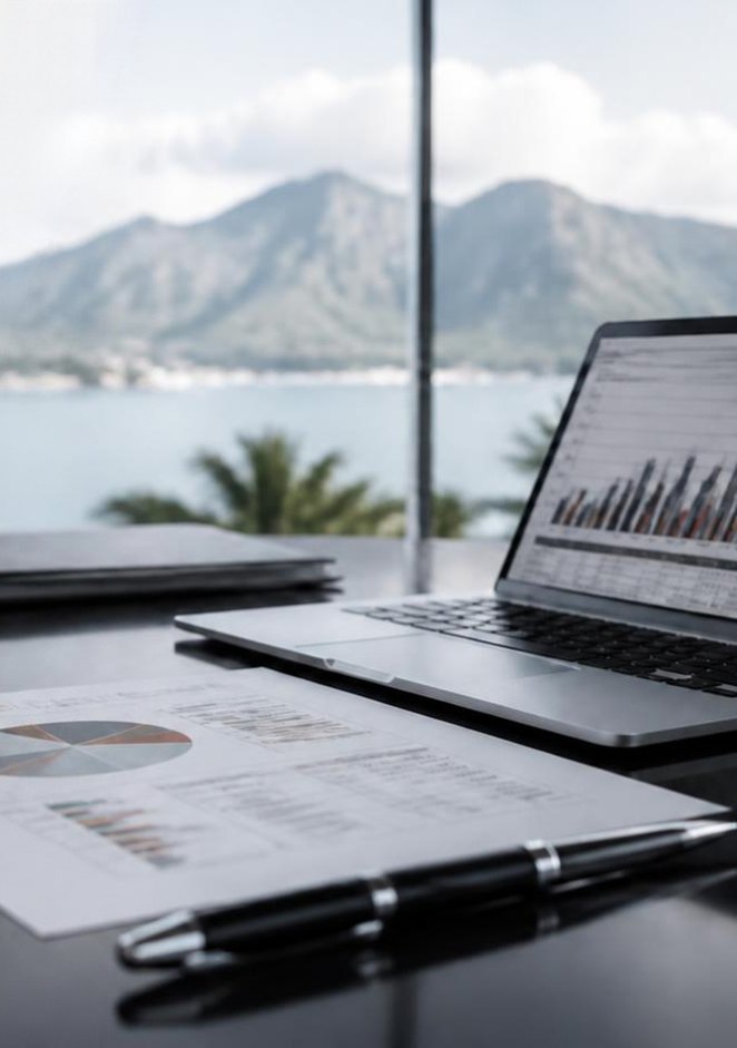Bureau face au lagon et aux montagnes de Tahiti, rapport financier sur la table